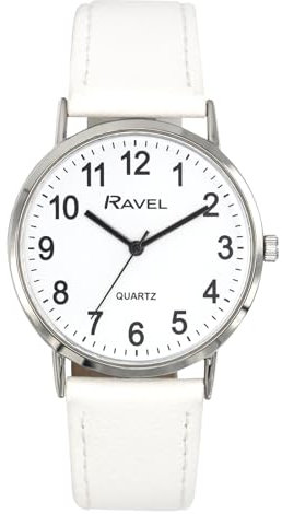Ravel - Unisex Classic Alltagsuhr mit modernen Zahlen - Analoges Quarzwerk - R0129.24.1 - Weiß/Silberton/Weißes Zifferblatt mit Zahlen