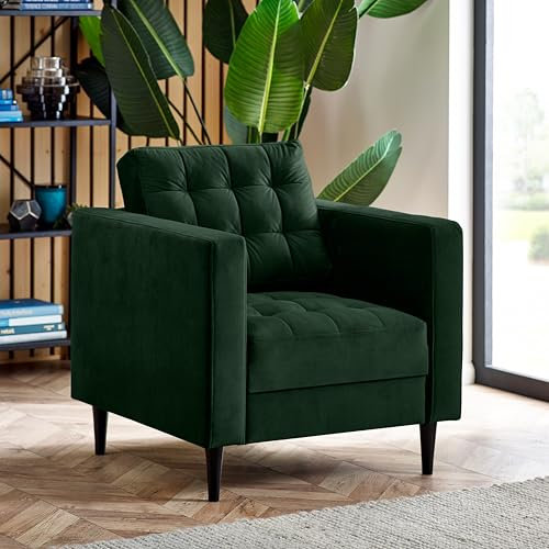 Furniturebox UK Joni Emerald Green Velvet Armchair - Upholstered Modern Green Fabric Arm Chair with Black Wooden Tapered Legs - Square Stitching - Stylish & Contemporary Living Room Furniture