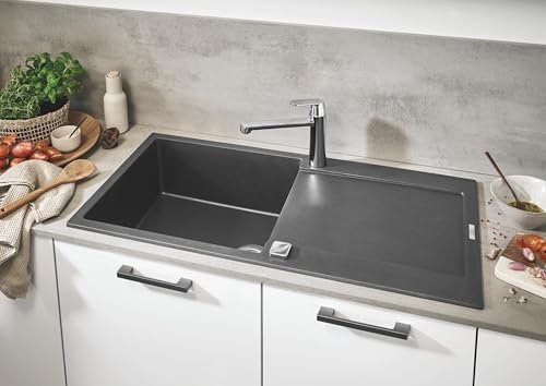 GROHE Kitchen Set of Eurosmart Cosmopolitan Tap & K500 Sink – (Granite Gray Quartz Composite Kitchen Sink with Drainer 1 Bowl 48x44x20 cm Overall 100x50 cm, Chrome Kitchen Tap Size 207mm Tails 3/8)