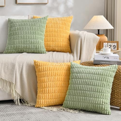 FDTERN 4er Set Kissenbezug 45x45 Gelb Grün Flauschig Kordsamt Kissenbezüge Dekorative Kissenhülle Dekokissenbezug Sofakissen Dekokissen Frühling Sommer Deko für Sofa Schlafzimmer Wohnzimmer