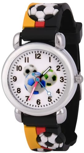 OFFCUP Kinderuhr, Kinder Uhren Analog, 3D Cartoon Lernuhr Quarzwerk, Silikon Uhrenarmband, 3 Jahre bis 11 Jahre, Armbanduhr Mädchen Junge Kinder analoge Quarzuhr -Schwarz-Rot-Gelb-Fußball