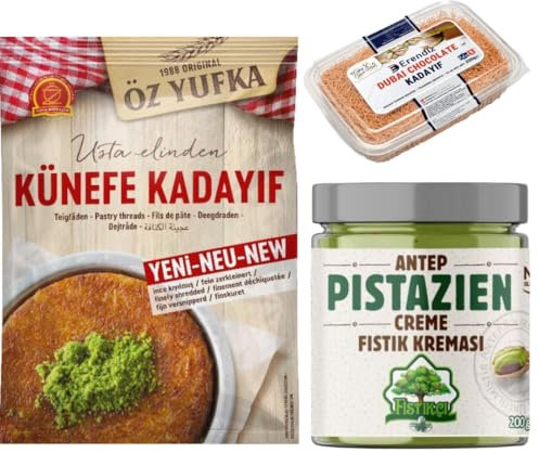 Pufai Erendiz Tostato Kadayıf, OZYUFKA Fili di pasta fresca Kataifi Shredded Fillo Pasta Pasticceria Kadaifi Fili Taze Kadayif per Cioccolato Dubai, 250 gr con Crema Pistacchio 200 grammi