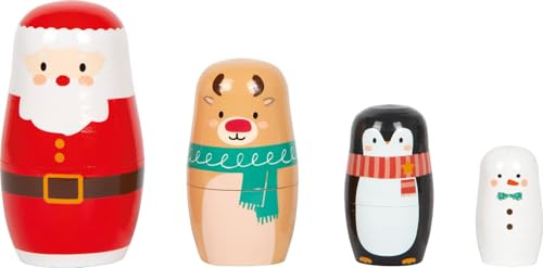 small Foot Matrjoschka Weihnachten Figuren aus Holz, niedliche Nistpuppen, 4-teilig, Stapelspiel für Kinder ab 2 Jahren, 12682