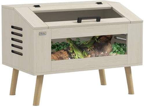 PawHut Terrarium pour Reptiles avec aération latérale, Vivarium pour Serpents 111L avec fenêtres en Verre trempé, Couvercle, 80 x 50 x 60 cm Bois Naturel