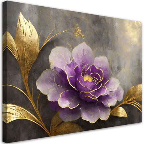 Feeby Leinwand Bilder - Bild Wohnzimmer - Rosenblüte Botanik Natur Gold Lila - 60x40 cm 1tlg - Deko Schlafzimmer Groß - Dekoration Canvas - Gemälde - Modern Wandbilder - Kunstdruck
