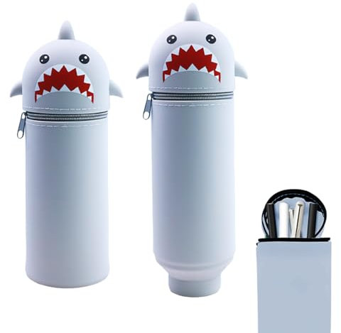 DEZP 1 Stück Kawaii Pencil Case 2 In 1 Soft Silicone Federmäppchen 18.5 * 6.5Cm, Multifunktions Tiere Theme Pen Holder Zipper Colored Pencils Marker, stifte mäppchen Für Legami Pens(Hai，C) (Haigrau)