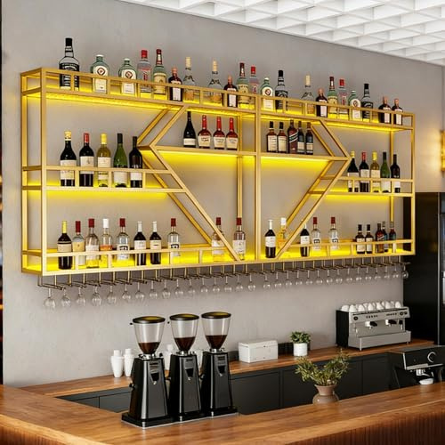 RAJYQODIS Wall Mounted Wine Rack, Large Metal Wine Bottle Holder, Modern Fashion Diamond Shaped Floating Bar Unit Wine Storage Shelves, for Home Restaurant Bars Decor (gold, 3 Tier-160cm)