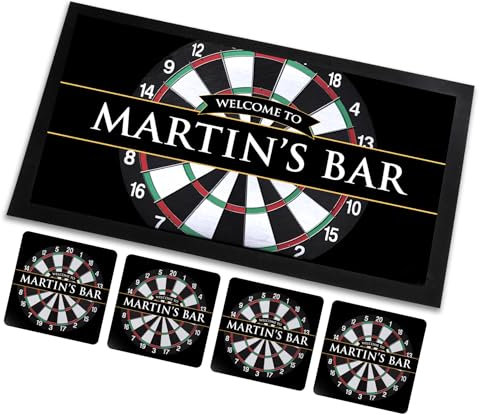 Personalisierbare Bar-Matte, Dart-Biermatte – 4 passende Untersetzer-Set – Hausbar-Zubehör für Kneipen, Neuheit Bierläufer, Geschenk für Männerhöhle Spielzimmer
