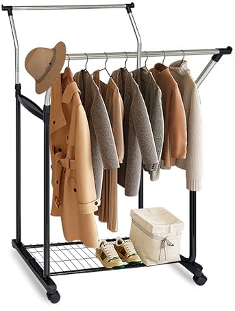 Relaxdays clothes rack on wheels, double rail, large shelf, height adjustable 108–160 cm, silver/black