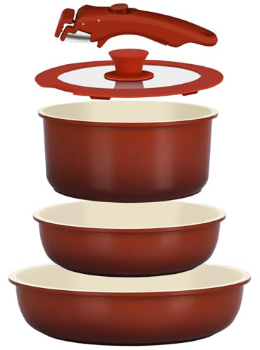 GiPP 5PCS Pots and Pans Set Non Stick with Detachable Handle | Granite Nonstick Coating, PFAS PFOA Free, Induction Compatible, Oven Safe, RV Space-Saving Design(Red Gradient,5PCS)