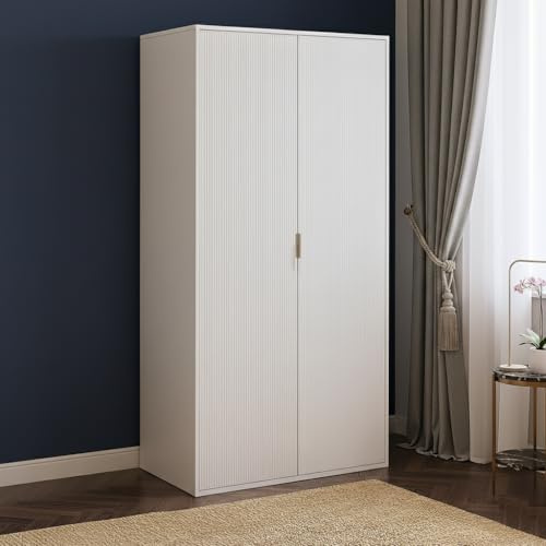 Home Treats Bedroom Furniture Set White Wooden 2 Door Wardrobe with 1 Shelf & Hanging Rail Gold Accents 3 Piece Set Ridged Design (Wardrobe)