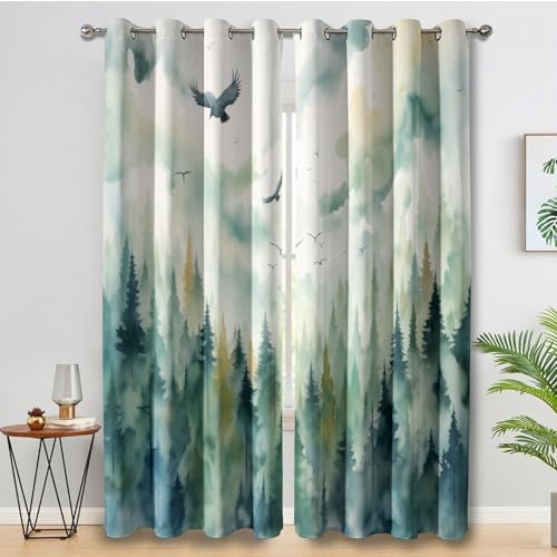 Generisch Blickdichte Vorhänge Aquarell Wald, Wohnzimmer Schlafzimmer Deko, Vogel Kiefer Gardinen mit Ösen, Thermo Verdunklungsvorhänge 2er Set H175 x B140 cm pw&21