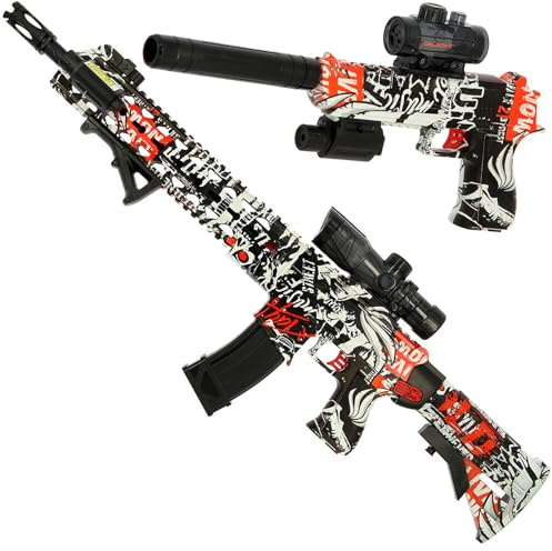 2 in 1 Pistol Rifle Gel Ball Blaster Set Fully Automatic DUAL Toy Shooting Fun Sports (Black Graffiti)