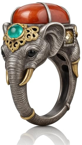 925 Sterling Silber Elefanten Ring mit Karneol, Chalcedon, Zirkonia & Messing Details, Verstellbarer Unisex Ethno Schmuck, Handgefertigter Statement Ring für Damen & Herren