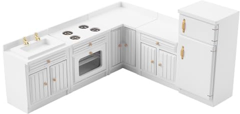 FINGERINSPIRE 5 Stück Miniatur Hausdekorationszubehör Küchenschrankset Im Maßstab 1:12 mit Mini Kühlschrank Und Herd Mini Holzmöbel Weißes Miniatur Küchenset Für Realistische Szenengestaltung