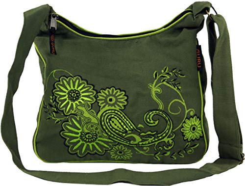 GURU SHOP Schultertasche, Hippie Tasche, Goa Tasche - Grün, Unisex - Erwachsene, Baumwolle, 23x28x12 cm