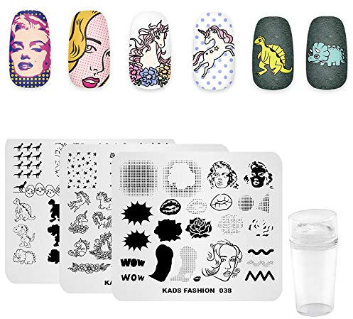 4pcs Nail Art Stamping Platten Set Einhorn Dinosaurier Comic Multi-Pattern Design Stamping Image Schablone Vorlage mit 1 Pc Polish Stamper