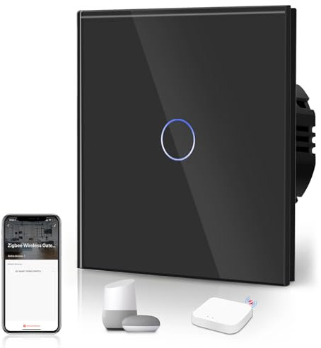 BSEED Interruptor Tactil ZIGBEE,Vidrio Panel con luz Piloto,Compatible con Alexa/Tuya/Smart Life(Requiere Cable Neutro),1 Gang 1 Vía,Negro 86mm