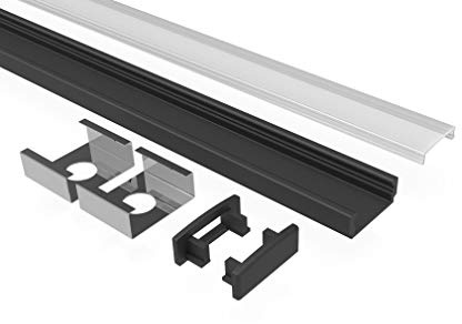 Tivendis Led Alu Profil 2 m AF2schwarz Komplett Set für Strip/Streifen bis 12 mm breit | Abdeckung satiniert milchig, Endkappen, Befestigungclips | U-Form Aufputz Deckenleiste Wandprofil pulverbesch
