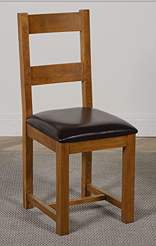 Oak Furniture King Lincoln Solid Oak Dining Chairs Set of 4 – Ladder Back Wooden Kitchen Chairs, Dining Room Chair with Upholstered Leather Seat, Fully Assembled, Rustic Oak Finish, Brown
