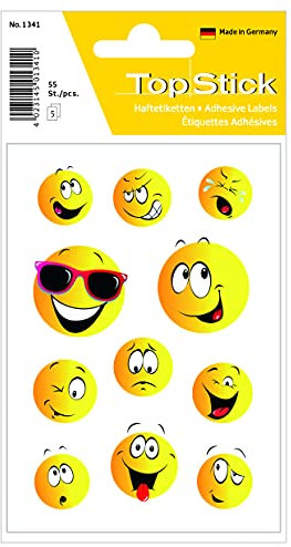 TopStick 1341 Aufkleber Smiley klein groß, 55 Stück, Belohnung Sticker mit lustigen Emoji Gesicht Motiv, Kinder Etiketten für Schule Grundschule Schüler Tagebuch Scrapbooking Geburtstag Deko Basteln