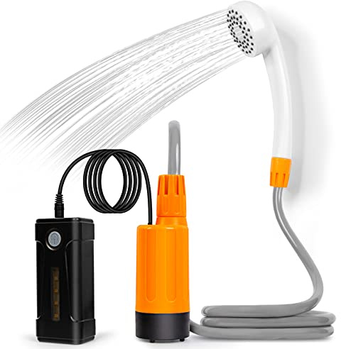 AZXJC portable outdoor shower, battery driven shower pump, LED lighting, portable shower pump, draws water from a bucket into a stable and gentle shower flow,used for beaches,camping,gardens,hiking,