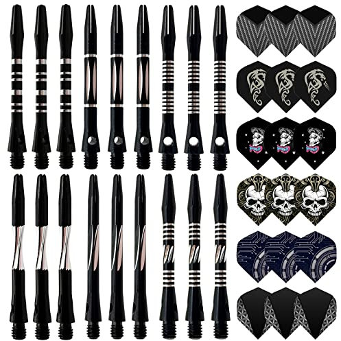 JpGdn Dart-Schäfte aus Metall und Flights, Set in Schwarz, Aluminium, Dart-Schäfte, Wurfzubehör für Dartspiele, 36 Stück