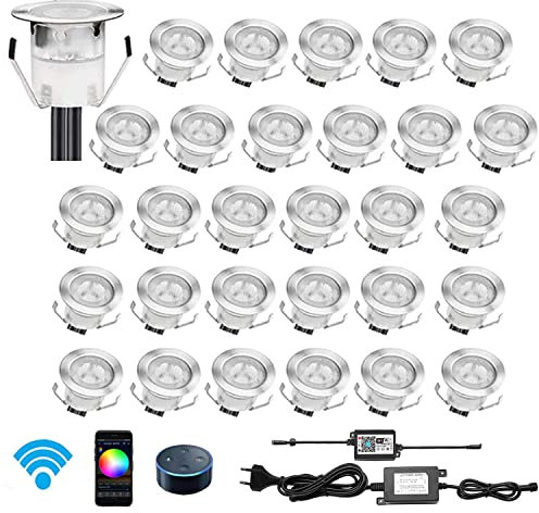CHNXU 30er Set LED Bodeneinbauleuchte, WiFi RGB LED Einbaustrahler Steuerbar via App, IP67 Wasserdicht Außen Boden Lampe Ø30mm DC 12V Treppen Einbaustrahler Kompatibel mit Amazon Alexa, Google Home