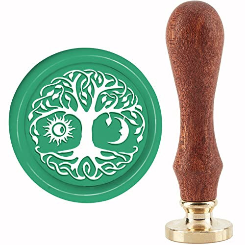 craspire Baum des Lebens Wachssiegelstempel Mond Und Sonne Siegelwachsstempel 30 mm/1.18 Zoll Abnehmbarer Messingkopf Siegelstempel Mit Holzgriff Für Einladungen Karten Geschenkverpackung