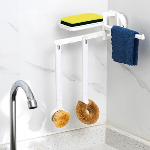 TAILI 3 in 1 Sponge Holder for Kitchen sink white with Strong Suction, Waterproof&Removable Sponge Holder,Sink Caddy organize for Dishcolth, Brush, Scrubber, Small Organizer Accessories Rack