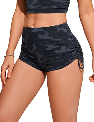 CRZ YOGA Femmes Short de Bain Taille Haute à Fronces Latérales Ajustables Respirant Natation Bas de Maillot Gris Camouflage Jungle 40