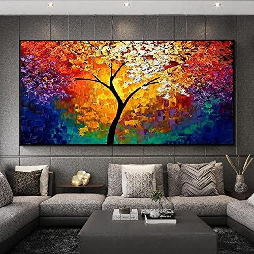 Impression sur toile intissee Carte Arbre de vie coloré rouge et bleu Arbre de vie moderne Tableau Salon Mural 60x120cm Sans cadre