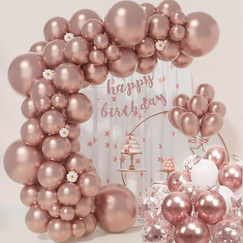AL-Mustarziq RoseGold Balloon Arch Garland with Birthday Banner, Flowers & Butterfly - White Rose Gold and Confetti Balloons