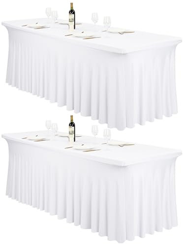 2 Stück Spandex Tischröcke,244 x 76cm Weiß Stretch Tischdecke mit Rock Waschbare Tischrock für 8Ft Rechteck Tische, Einziehbare Tischabdeckung für Hochzeiten Bankette Messen