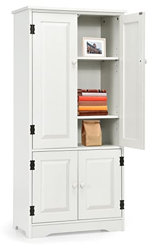 KOMFOTTEU Armoire Haute en Bois avec 2 Étagères Réglables, Armoire de Rangement Verticale Debout avec Dispositif Anti-Basculement, Meuble Organisateur, grand Espace, 58,5 x 32 x 123 cm (blanc laiteux)