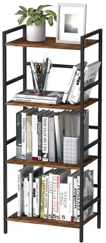 CADUKE 4 Tier Bookshelf with Storage Industrial Open Etagere Bookcase Wood Metal Book Shelf Stand Brown Bookshelves for Living Room Bedroom Office