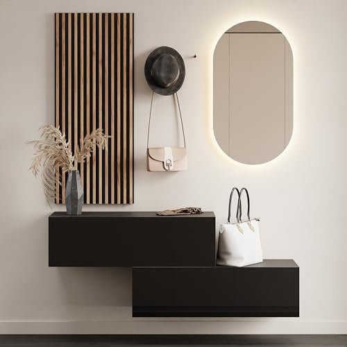 Planetmöbel Flur Möbel Garderobe 2X 100cm schwarz, Wandpaneel 50cm Gold Eiche/Anthrazit mit Spiegel 50cm (ohne LED), Wandgarderobe 32,5H x 100B x 37,8T cm