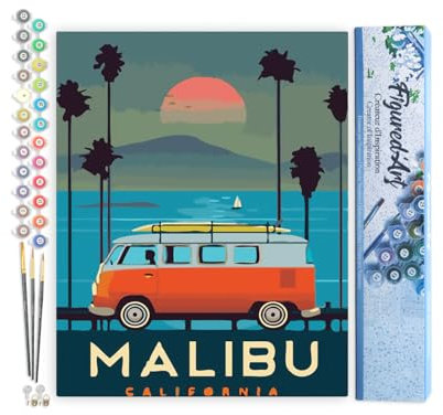 Figured'Art Peinture par Numéro Adulte Malibu Vintage - Activité Manuelle Kit de Loisir Créatif DIY Numéro d'Art Complet - 40x50cm sans châssis en bois