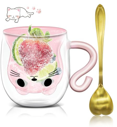 Afitdon Tasse mignonne pour chat - Double paroi - Avec motifs de chats - Avec cuillère - Cadeau pour les amateurs de chats - 280 ml - Pour cappuccino, latte macchiato, thé, glace et lait (rose)