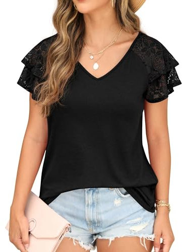 QIXING Women's Summer Blouses Double Lace Ruffle Short Sleeve V Neck Tops Loose Casual Tunic T-Shirts for Women UK (Black, M)