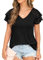 QIXING Women's Summer Blouses Double Lace Ruffle Short Sleeve V Neck Tops Loose Casual Tunic T-Shirts for Women UK (Black, M)
