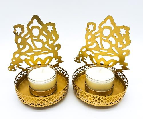 Deko-Paket 2 traditionelle Schatten Diya Teelicht Kerzenhalter Metall Hindu Glücksgottin Lakshmi inklusive 2 x 8 h Teelichter | Spiritualität Dekoration Hochzeit Geschenk Diwali Indien
