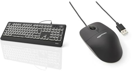 Hama USB Tastatur beleuchtet mit Kabel KC-550 & Amazon Basics - Optische Maus mit 3 Tasten und USB-Anschluss für Windows und Mac OS X, 1 Stück, Schwarz