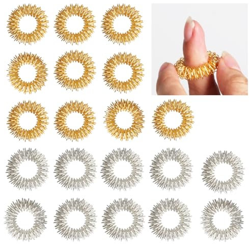 20 Stück Finger Massageringe (20 Ringe), Akupressur Ringset für Jugendliche, Erwachsene, Stressreduzierer und Finger Handgelenk Massagegerät - Gold, Silber (20)