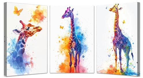 JOSUE 3 Teilig Aquarell Leinwand Bilder Bunter Hirsch Leinwand Bilder,Lila, Blau Wandbilder Xxl Kunstdruck Deko FüR Wohnzimmer Schlafzimmer-50x70cmx3 Gerahmt