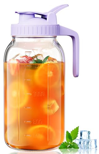 VA1KENE 64oz Glass Mason Jar Pitcher with Lid Wide Mouth, 2 Quart Leakproof Glass Water Jug for Juice, Sun Iced Tea, Cold Brew Coffee, Milk Storage, Purple