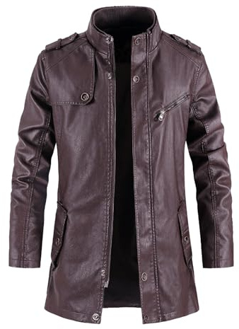 Darringls Veste en cuir pour homme - Manteau en cuir mi-long - Grande veste coupe-vent - Couleur unie - Coupe ajustée - Col montant - Veste de transition - Veste vintage en cuir véritable - Veste