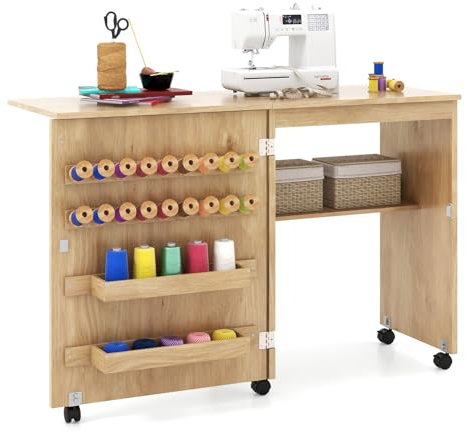 CASART 2-In-1 Folding Sewing Table, Mobile Sewing Machine Cabinet with 2 Storage Bins, 18 Pegs & Storage Shelf, Space-Saving Artwork Craft Table Drop Leaf Sewing Workstation (Natural)