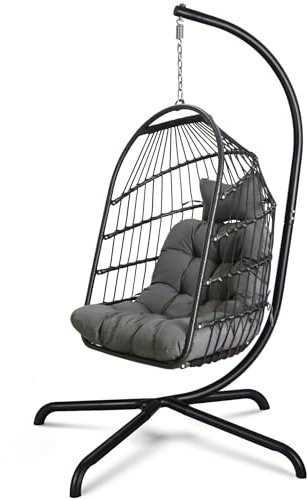 Hängesessel mit ultrastarkem Ständer und Kissen Faltbarer Korbgeflecht Rattan Hängesessel Schaukelstuhl Indoor Outdoor Terrasse Liegestuhl Hängematte Stuhl 330 lbs Kapazität Balkon Veranda
