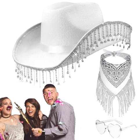 Generisch Cowboy Hut Frauen, Cowboyhut Mit Strass Fransen, Glitzer Cowgirl Outfit Damen, Mit Herz Partybrille Und Schal, Karneval Kostüm Zubehör Kopfbedeckung, Für Damen Herren